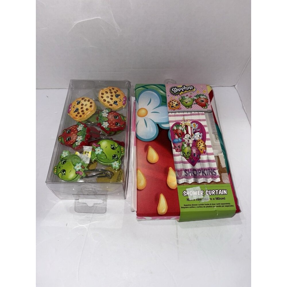 Shopkins Shower Curtain & Hooks Kids Bathroom Decor  Set Of 12 Hooks NEW